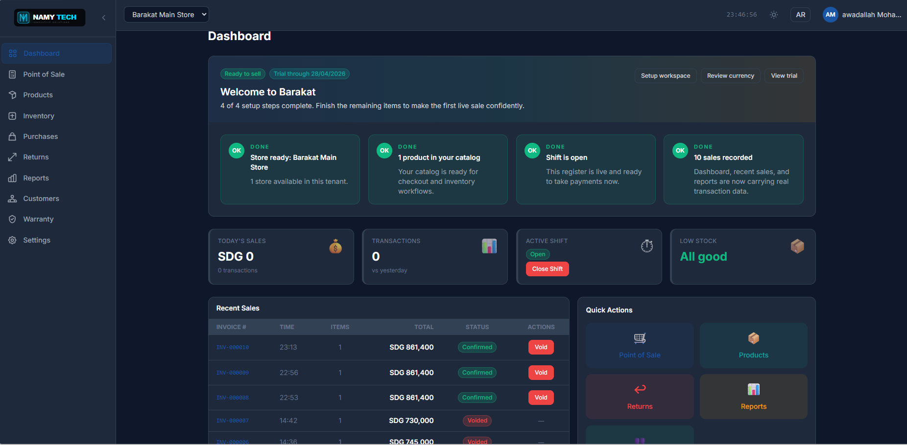 NAMYTECH POS dashboard showing sales, stock, invoices, and quick actions