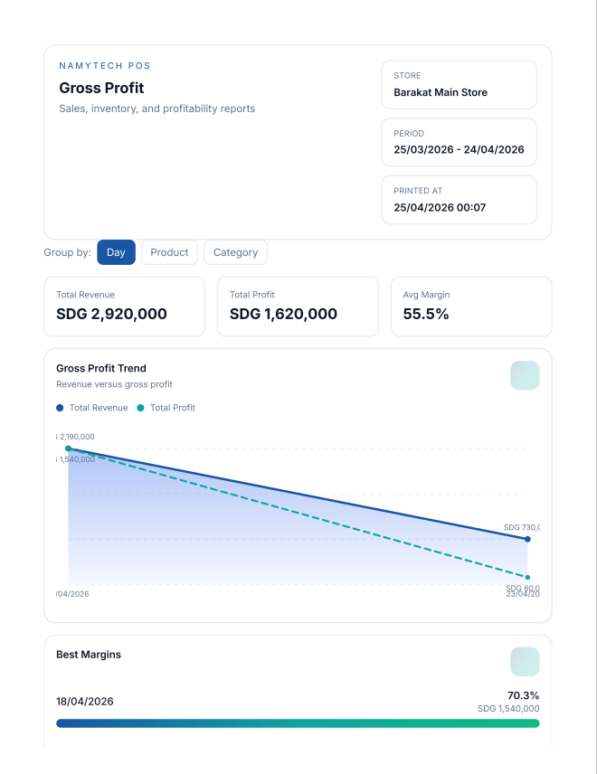 NAMYTECH POS gross profit report summary with revenue, cost, profit, and margin