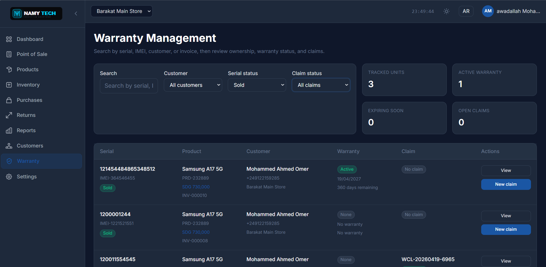 NAMYTECH POS warranty management screen with serial number tracking, warranty status, and claims